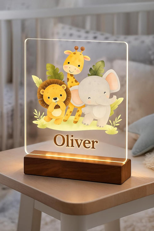 Personalized Led Night Light Name for Kids, Custom Cute Forest Animals with Wooden Base Bedroom Decor, Personalized