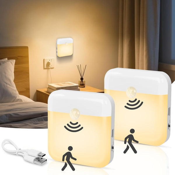 2 Pack Motion Sensor Night Light, Rechargeable Battery Night Lights Warm White,