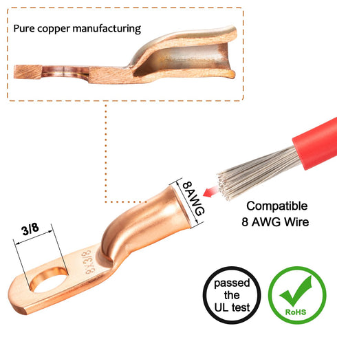Maxdot 10 Pack UL Test Wire Lugs, 8 Gauge Stud Ring Terminals, Heavy Duty Copper Crimp Lugs with Heat Shrink (8 AWG 3/8