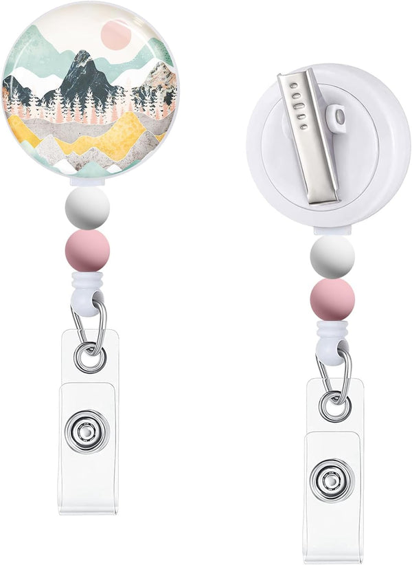 Retractable Badge Reels with Beads: Sunrise Landscape ID Holders for Nurses, Teachers, and Office Workers
