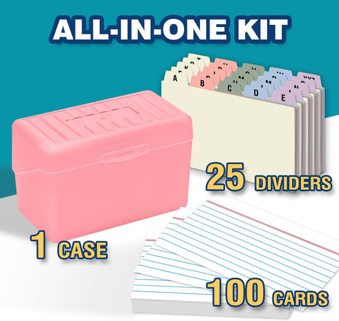 H4D 3x5 100 25 Index Card Holder with Heavyweight Ruled Index Cards and Plastic Dividers, Light Pink