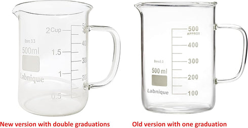 Glass Beaker Mug with Handle, Double Graduated, 500ml (16.9oz/2.1cup) with Pouring Spout