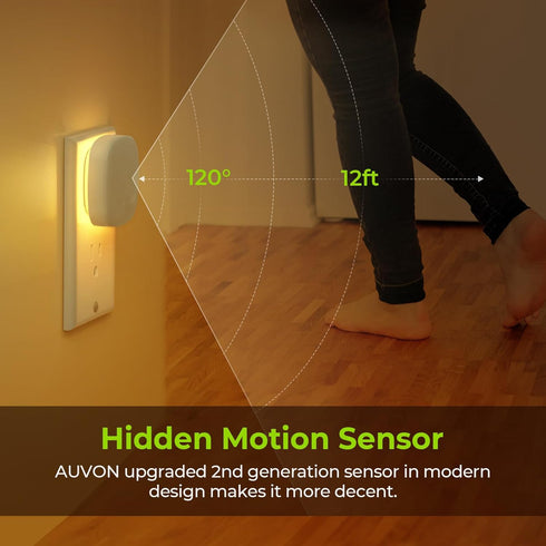 Dimmable 1-50 (2 Pack) AUVON Plug-in LED Backlit Night Light with Motion Sensor & Dusk to Dawn Sensor, Warm White