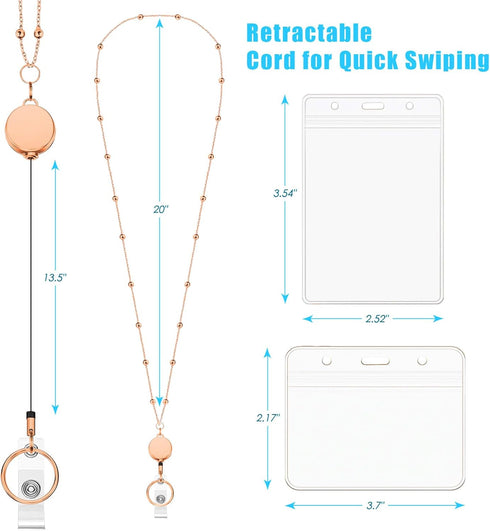 Retractable Badge Reel Lanyard with 2 Pieces ID Holder for Women, Fashion Beaded Chain Premium Stainless Steel Necklace