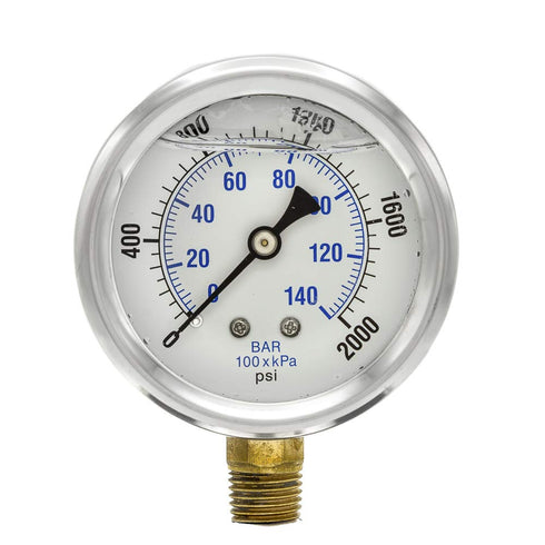 PIC Gauges PRO-201L-254O Pressure Gauge, 0-2000 PSI, 2 1/2" Dial, 1/4" Male NPT, Bottom Mount, Glycerin Filled