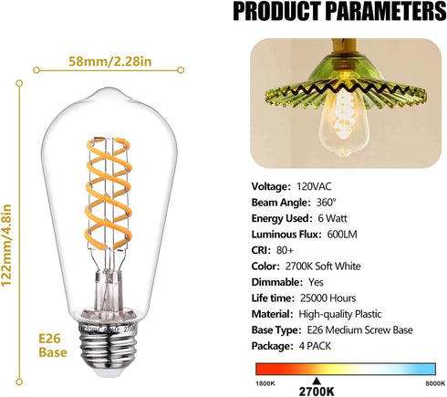 4Pack 6W ST58 Bulbs 60W 600Lumens, 2700K Bulb, Dimmable, E26 Bulbs, 80+ Vintage LED Edison Light Equivalent, Warm White