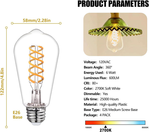4Pack 6W ST58 Bulbs 60W 600Lumens, 2700K Bulb, Dimmable, E26 Bulbs, 80+ Vintage LED Edison Light Equivalent, Warm White