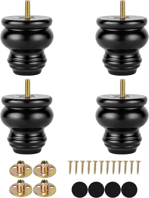 3 Inch Set 4 Black Wood Furniture Legs High Polished Bun Feet for Ottoman Dresser Chair of Solid Round