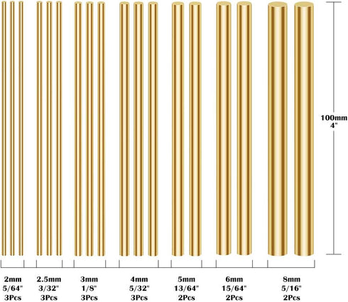 Glarks 18Pcs Brass Solid Round Rod Lathe Bar Stock - Assorted for DIY Craft Tool, Diameter 2.5-8mm