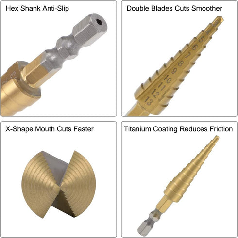 uxcell HSS Step Drill Bit 3mm to 13mm, 11 Sizes Titanium Coated for Metal Wood Plastic