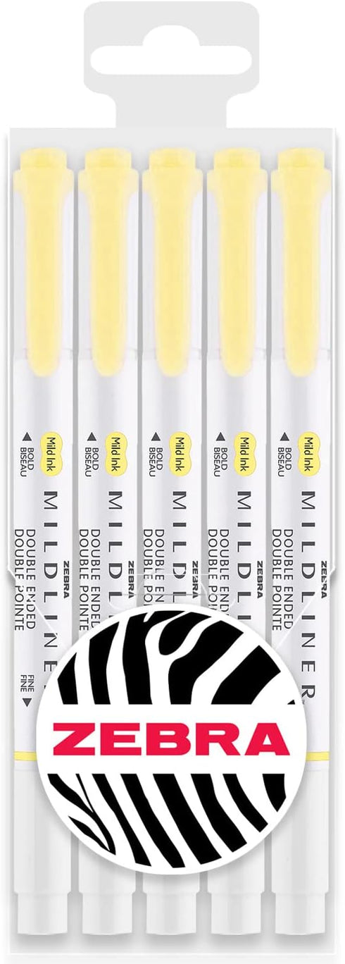 Zebra Mildliner Creative Marker Highlighter Pens, Double Ended, Chisel & Bullet Tip, Wallet Set of 5 (Yellow)