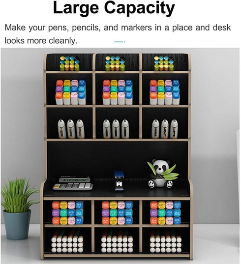 Wooden Desk Organizer, Large Capacity DIY Pen Holder Storage Box for Office, Home, and School Supplies