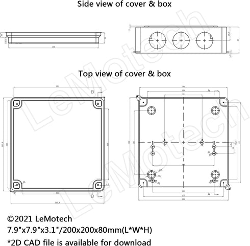 LeMotech ABS Plastic Dustproof Waterproof IP65 Junction Box Universal Electrical Project Enclosure White 7.9 x 7.9 x