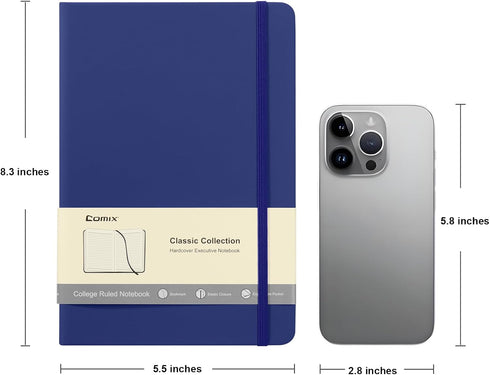 6 Pack 240 5.5"x8.3", A5 Comix Lined Journal Notebooks for Work, Pages, Navy Blue, Hardcover, Medium College Ruled