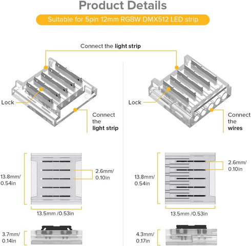 BTF-LIGHTING SMD 5 Pin 12mm Connector Kit, 8pcs Corner Connector and 4pcs Gapless Solderless Connector