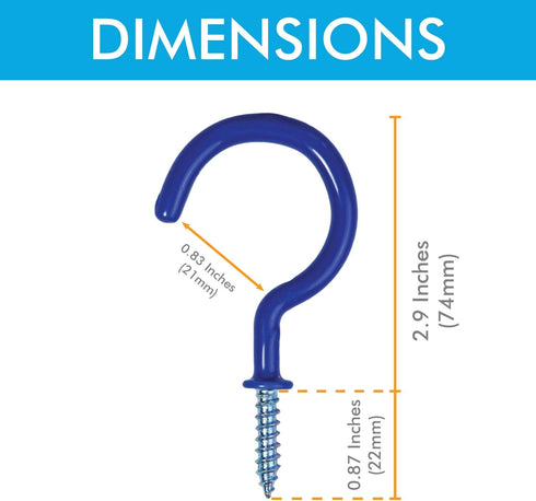Millennial Essentials Vinyl Coated Screw-in Ceiling Cup Hooks, 2.9 Inches, 30 Pack, Available in 5 Colors