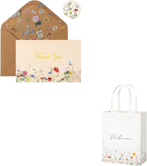 Crisky Vintage Wildflower Gold Foil Thank You Cards and Wedding Welcome Bags