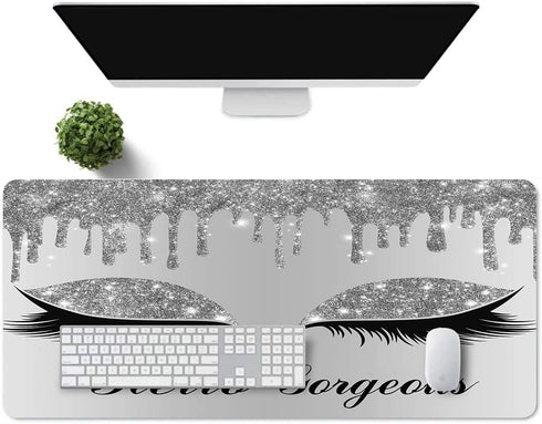 Hello Gorgeous Large Mouse Pad, 31.5x11.8x0.12 Inches, White Silver Glittering Star Pattern for Computer Desk