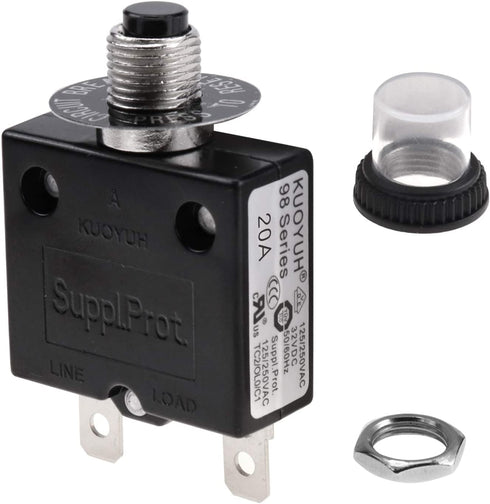 20 Amps Thermal Circuit Breaker, Thermal Overload Protector Push Button Manual Reset Circuit Breaker 32V DC 125/250V AC 20A 3Pcs