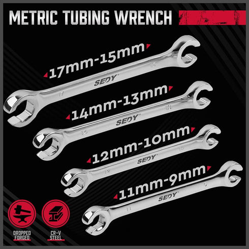 SEDY 4-Piece Flare Nut Wrench Set, Offset End Spanner Metric for Fuel Tube Hose Transmission Line
