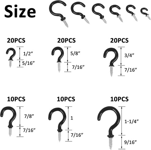 90 Pcs Black Ceiling Hooks Kit, 6 Sizes Vinyl Coated Screw-in Hooks for Hanging (1/2", 5/8", 3/4", 7/8", 1", 1-1/4")