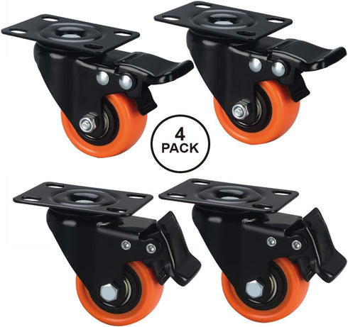 2" Caster Wheels - Orange Polyurethane Castors, Set of 4 Locking Casters for Furniture and Workbench