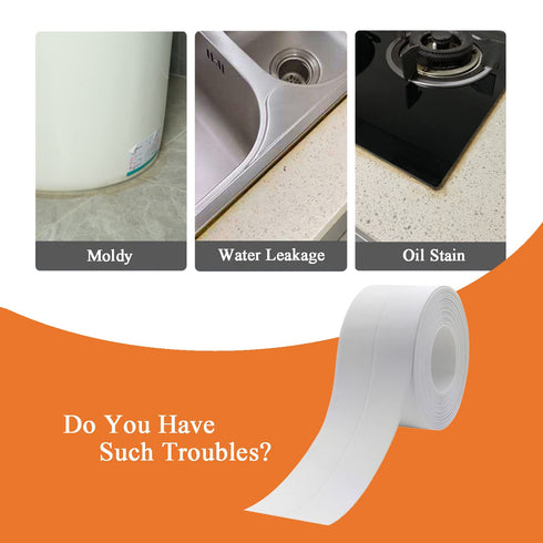 White Caulk Tape Sealant Strip for Bath & Kitchen, 1.5''x10.5FT PVC Self Adhesive Waterproof Caulking Sealing Strip