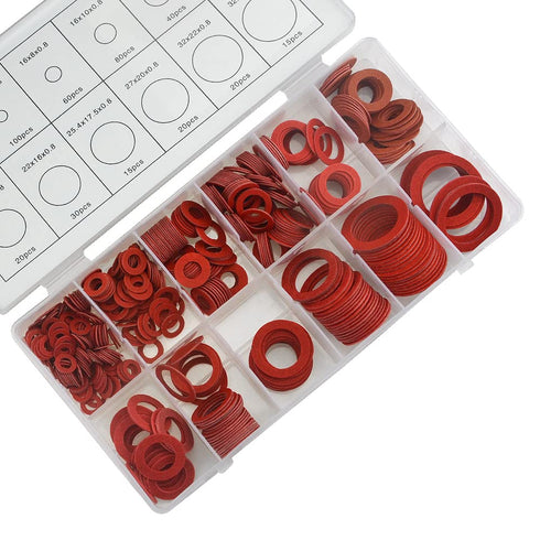 XINGYHENG 600Pcs Fiber Flat Washer Assortment Kit, 12 Sizes, Red Steel Paper Insulation for Plumbing Automotive Repair
