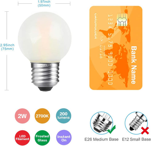 4 Pack Dimmable 2 Watt Globe Frosted LED Light Bulbs, 25W Equivalent, Warm White 2700K, E26 Medium Base