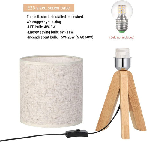 13.4 Inches Bulb) HAITRAL Small Bedside Table Lamp - Wooden Tripod Nightstand Lamp for Bedroom, Living Room, Office