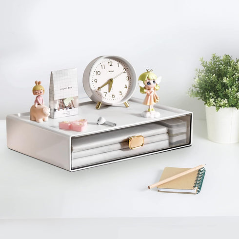 Stackable Desk Organizer with Drawer, 13" Wide Clear Plastic Desktop Organizer for Office, Classroom, Makeup (White, 1