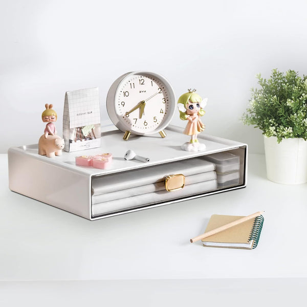 Stackable Desk Organizer with Drawer, 13" Wide Clear Plastic Desktop Organizer for Office, Classroom, Makeup (White, 1