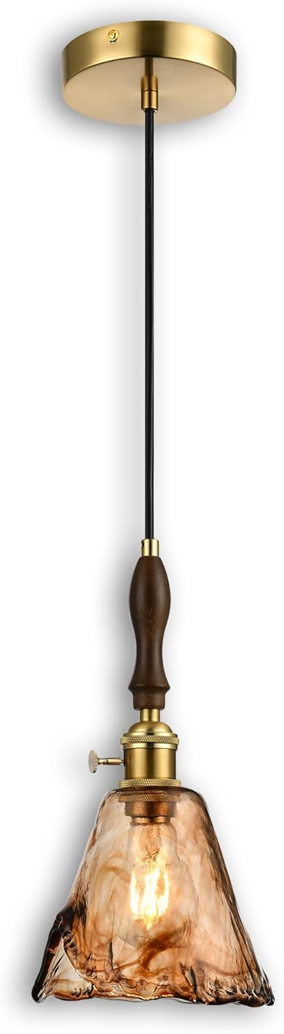 Modern Amber Glass Pendant Light, 6"x11.5" Floral Bell-Shaped Hanging Light with Wood
