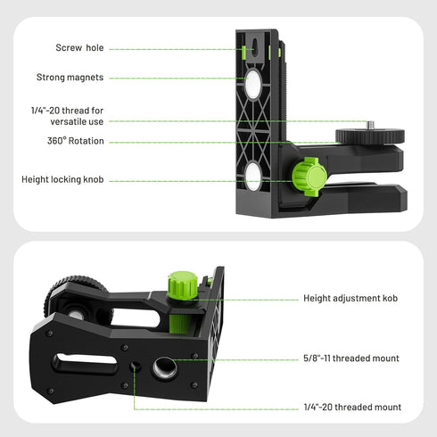 1/4"-20 1/4"-20 5/8"-11 PV12 Huepar Fine-tuning Bracket for Line and Point Laser Levels, Male Thread L-Shape Magnetic