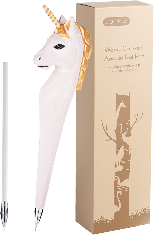 Unicorn Pen, 100% Handmade Wood Carved Animal Gel Pen, Cute Gift Ideas for Kids, Girls, Boys, Writing Supplies