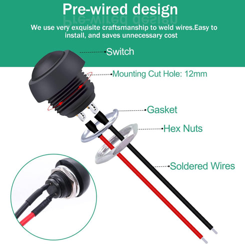 Twidec 6Pcs Momentary Push Button Switch - 12mm On Off Mini Round Waterproof Black with Pre-soldered Wires