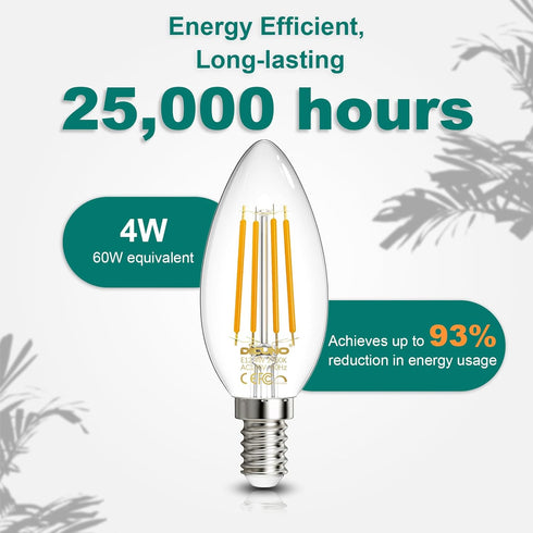 E12 Bulb 60 2700K, 4W E12 Bulb Dimmable, 550lm, Pack 6 DiCUNO Candelabra Watt Equivalent, Warm White LED Type B LED