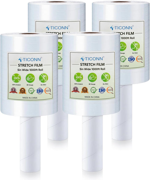 TICONN 5'' Stretch Wrap Film, 1000ft 80 Gauge Industrial Strength Clear Plastic Wrap with Handles for Shipping, Moving