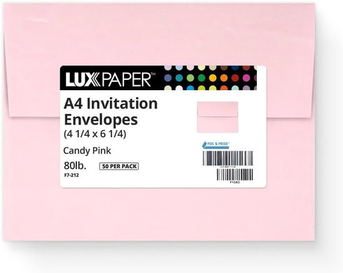 LUXPaper A4 Invitation Envelopes, Peel & Press, 4 1/4" x 6 1/4", Candy Pink, 80lb. Text, 50 Qty
