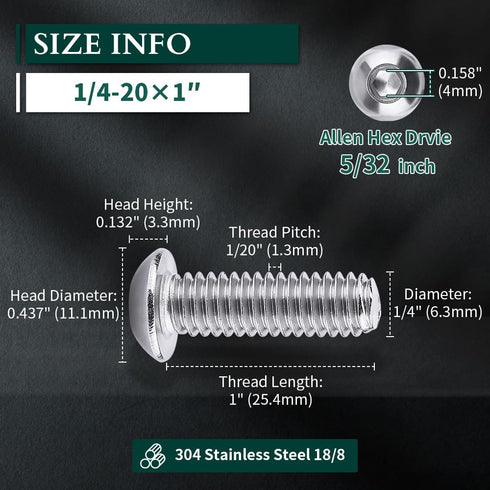 1/4-20 x 1 Button Head Socket Cap Bolts Screws, 304 Stainless Steel 18-8, Pack of 25, Allen Hex Drive
