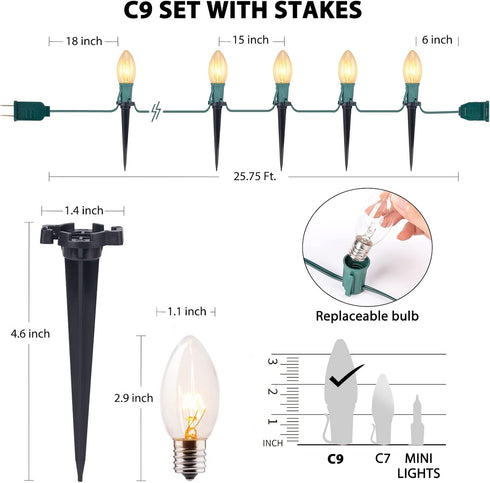 25.7 C9 20 20 Commercial Brightown Christmas Pathway String Lights Outdoor - Ft. Clear Lights with Stakes Connectable