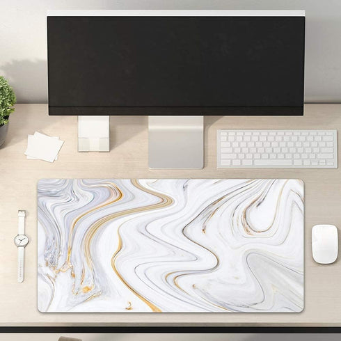 QIYI White Mouse Pad - Cute Marble Large Desk Mat, PU Leather Desk Protector, Non-Slip Extended Writing Pad