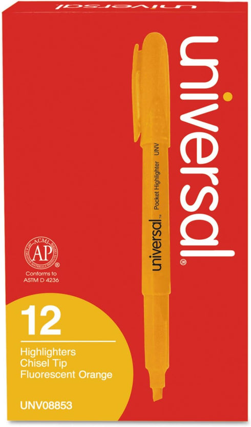 Universal Pocket Highlighters, Fluorescent Orange Ink, Chisel Tip, Orange Barrel, Dozen