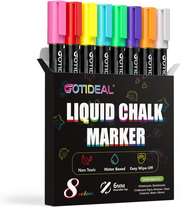 GOTIDEAL Liquid Chalk Markers, 8 Colors Bold Tip Washable Pens for Kids and Adults, Non-Toxic, Wet Erase - Reversible