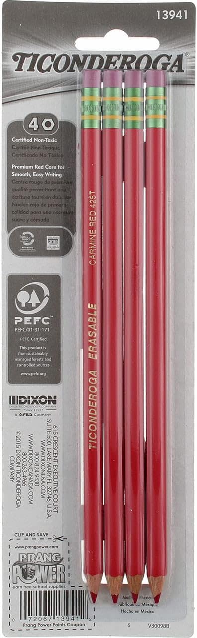 Ticonderoga Erasable Checking Pencils, Pre-Sharpened, Red, 4 Pack (2 Pencils per Pack) (13901)