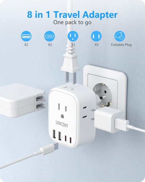 LENCENT European Travel Plug Adapter, International Type-C Foldable Power Plug with 4 Outlets, USB C Charger Adaptor.