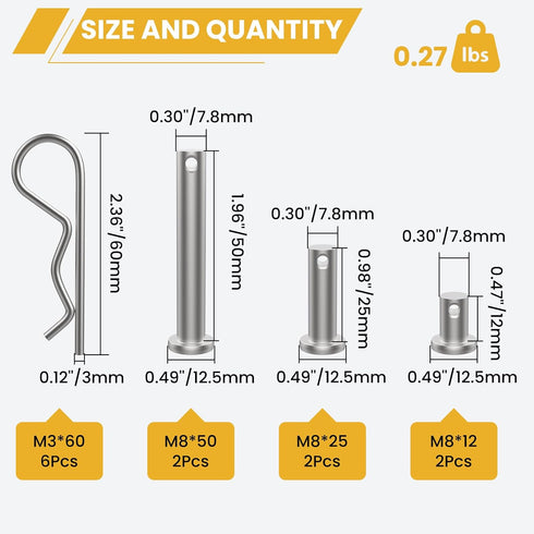 12Pcs M8 Clevis Pin and M3 X 60 R Shape Cotter Assortment Kit, 304 Stainless Steel Flat Head Pin Cotter for Hitch Lock