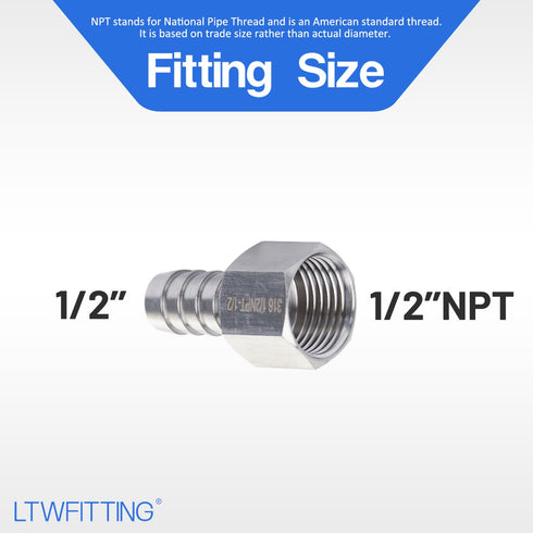 LTWFITTING Stainless Steel 316 Barb Fitting Coupler, 1/2" Hose ID x 1/2" Female NPT (Pack of 5)