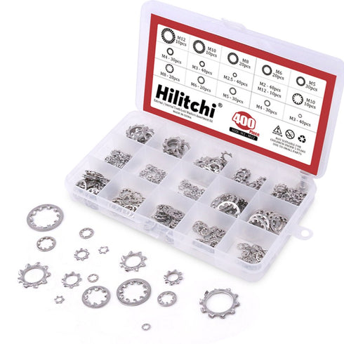 Hilitchi 400-Pcs Assortment Kit of 304 Stainless Steel External Internal Tooth Star Lock Washers - M2 M3 M4 M5 M6 M8