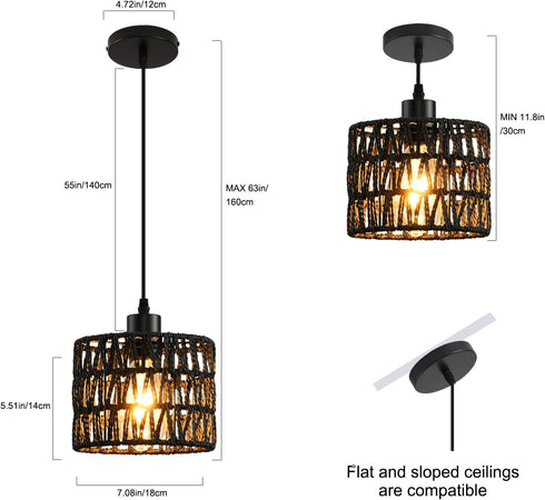 KENMI Woven Pendant Light Boho Chandelier, Rattan Pendant Lights Kitchen Island, Farmhouse Pendant Lighting with Hand